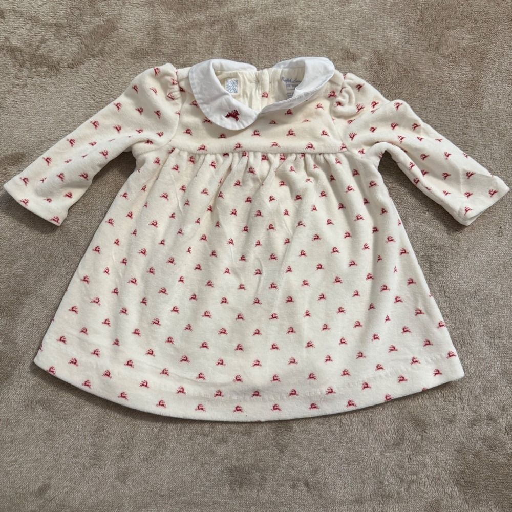 Ralph Lauren Baby Girl Reindeer Velour Dress Cream Red Peter Pan Collar 3M